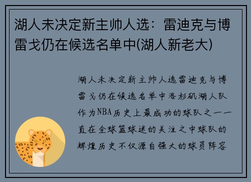 湖人未决定新主帅人选：雷迪克与博雷戈仍在候选名单中(湖人新老大)