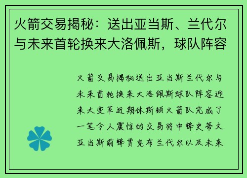 火箭交易揭秘：送出亚当斯、兰代尔与未来首轮换来大洛佩斯，球队阵容迎来大变革