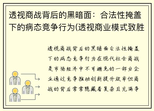 透视商战背后的黑暗面：合法性掩盖下的病态竞争行为(透视商业模式致胜的关键法则)