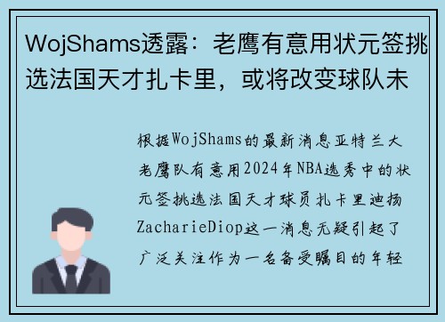 WojShams透露：老鹰有意用状元签挑选法国天才扎卡里，或将改变球队未来