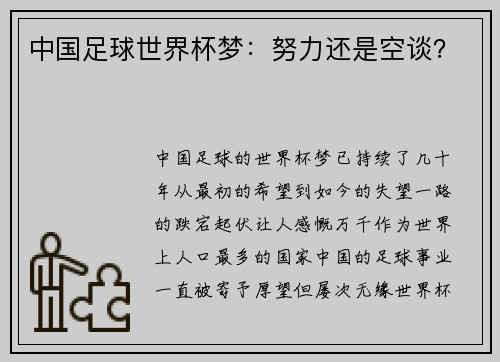 中国足球世界杯梦：努力还是空谈？