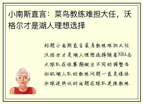 小南斯直言：菜鸟教练难担大任，沃格尔才是湖人理想选择